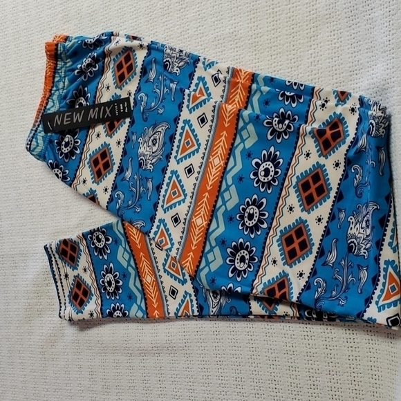 New Mix Graphic Colorful Elastic Pullon Thick Winter Orange & Teal Sz PLUS Pants - Picture 1 of 10